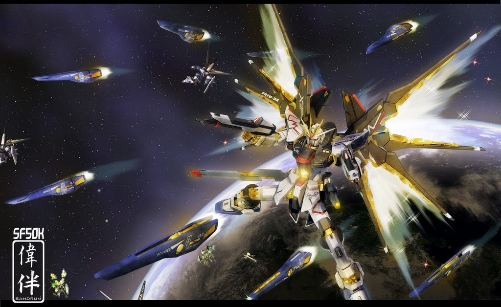 sandrum, strike freedom gundam, gundam, gundam seed, gundam seed destiny, 00s, 3d, armor, dual wielding, earth (planet), firing, funnels (gundam), gun, holding, holding gun, holding weapon, letterboxed, mecha, mecha focus, no humans, outdoors, outstretched arms, planet, robot, space, star (sky), strike freedom gundam full burst, weapon