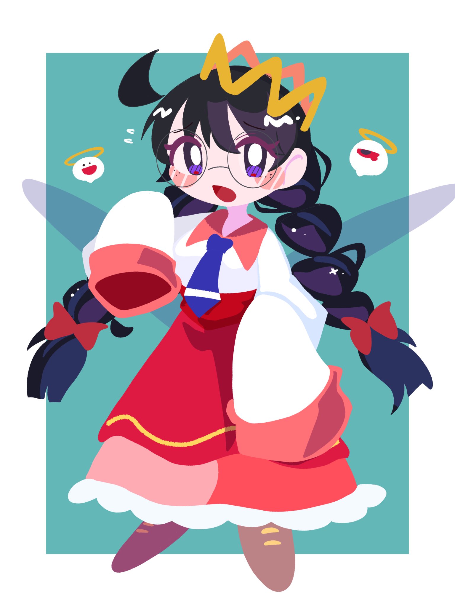omame sakana, ripple star queen, zero two (kirby), kirby (series), kirby 64, nintendo, highres, 1girl, black hair, bow, crown, fairy, fairy wings, glasses, green background, hair bow, halo, long hair, one-eyed, pink skirt, purple eyes, red bow, red eyes, simple background, skirt, sleeves past fingers, sleeves past wrists, wings