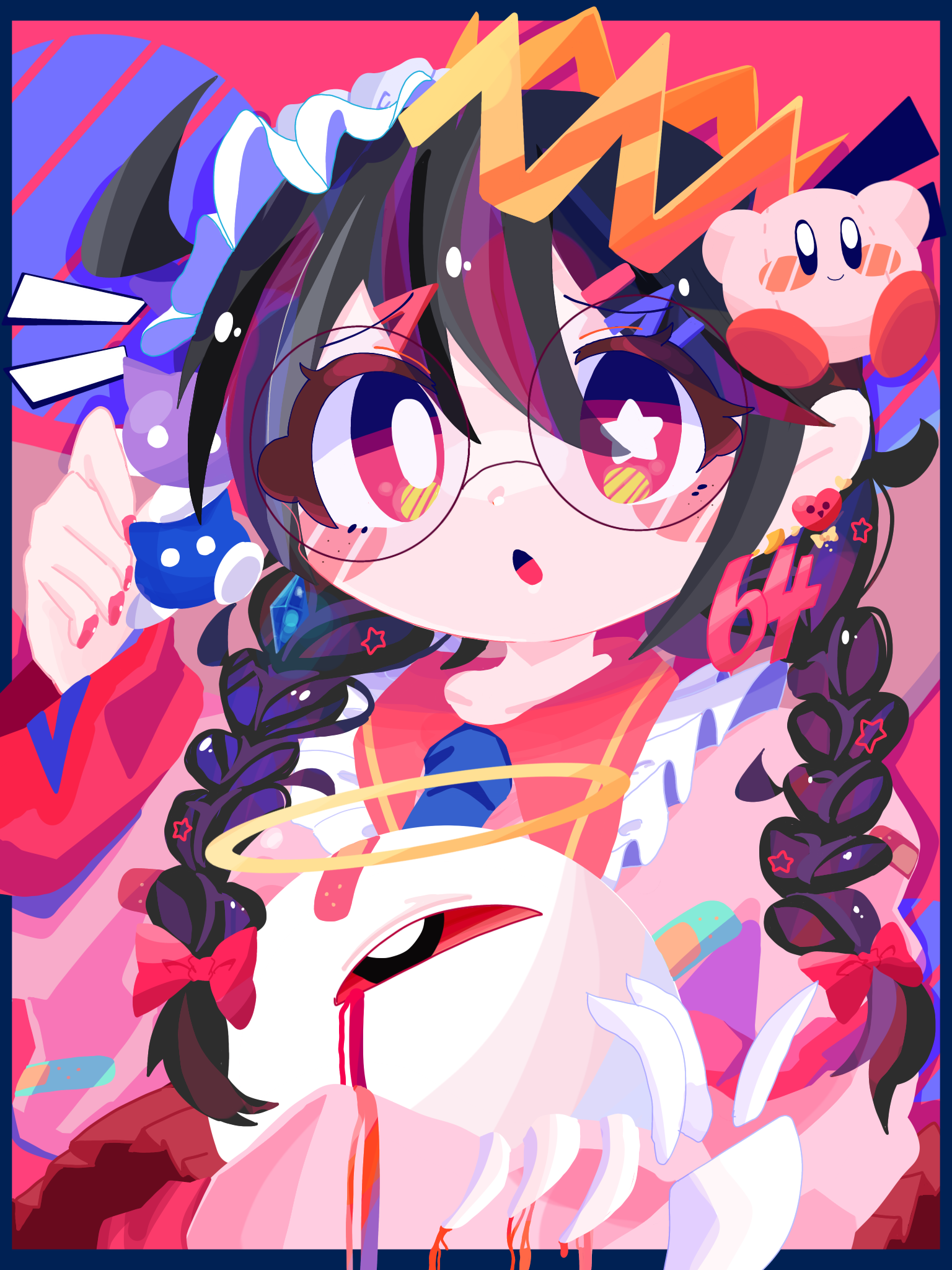 omame sakana, kirby, n-z, ripple star queen, zero two (kirby), kirby (series), kirby 64, nintendo, highres, 1girl, bleeding, blood, bow, braid, crown, earrings, glasses, hair bow, halo, jewelry, looking at viewer, low twin braids, one-eyed, pink bow, pink nails, red eyes, ripple star, star (symbol), stuffed toy, twin braids