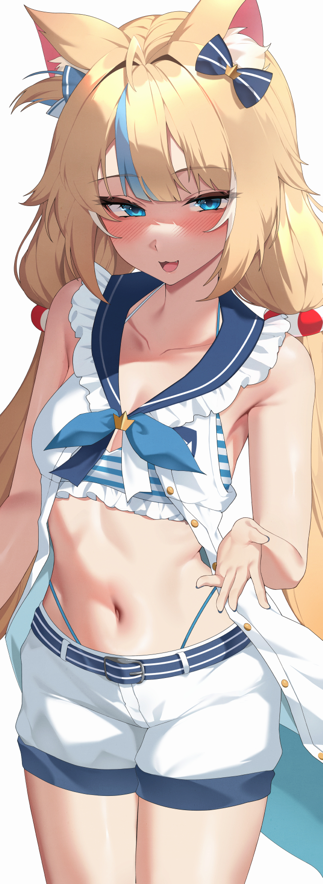 lessone, sameko saba, indie virtual youtuber, highres, 1girl, :3, :d, ahoge, animal ear fluff, animal ears, bikini, bikini under clothes, blonde hair, blue bikini, blue bow, blue eyes, blue hair, blue sailor collar, blunt bangs, blush, bow, breasts, cat ears, cowboy shot, dress, fins, fish girl, fish tail, frilled bikini, frilled sailor collar, frills, hair bow, highleg, highleg bikini, lifebuoy hair ornament, long hair, looking at viewer, low twintails, midriff, multicolored hair, navel, one side up, open mouth, sailor collar, sailor dress, short shorts, shorts, simple background, sleeveless, sleeveless dress, small breasts, smile, solo, streaked hair, swimsuit, tail, twintails, very long hair, virtual youtuber, white background, white dress, white hair, white shorts