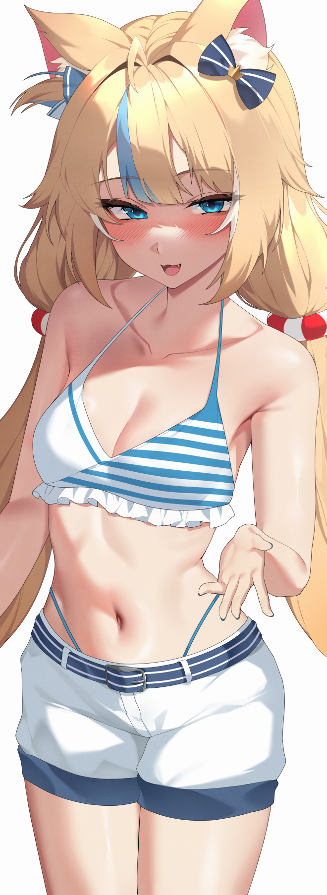 lessone, sameko saba, indie virtual youtuber, highres, 1girl, :3, :d, ahoge, animal ear fluff, animal ears, bikini, bikini under shorts, blonde hair, blue bikini, blue bow, blue eyes, blue hair, blunt bangs, blush, bow, cat ears, collarbone, cowboy shot, fins, fish girl, fish tail, frilled bikini, frills, hair bow, highleg, highleg bikini, lifebuoy hair ornament, long hair, looking at viewer, low twintails, multicolored hair, navel, one side up, open mouth, short shorts, shorts, simple background, smile, solo, stomach, streaked hair, swimsuit, tail, twintails, very long hair, virtual youtuber, white background, white hair, white shorts