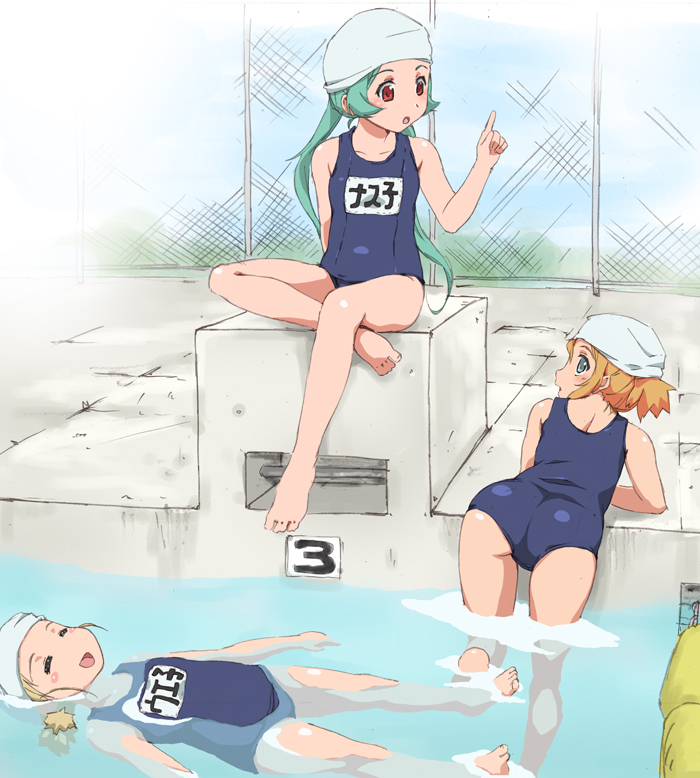 yomi (indigoriver), 3girls, :d, afloat, ass, backflip, barefoot, bent over, blush stickers, crossed legs, day, feet, happy, index finger raised, long hair, looking at another, multiple girls, name tag, one-piece swimsuit, open mouth, outdoors, pool, poolside, school swimsuit, short hair, sitting, smile, swimsuit, wet