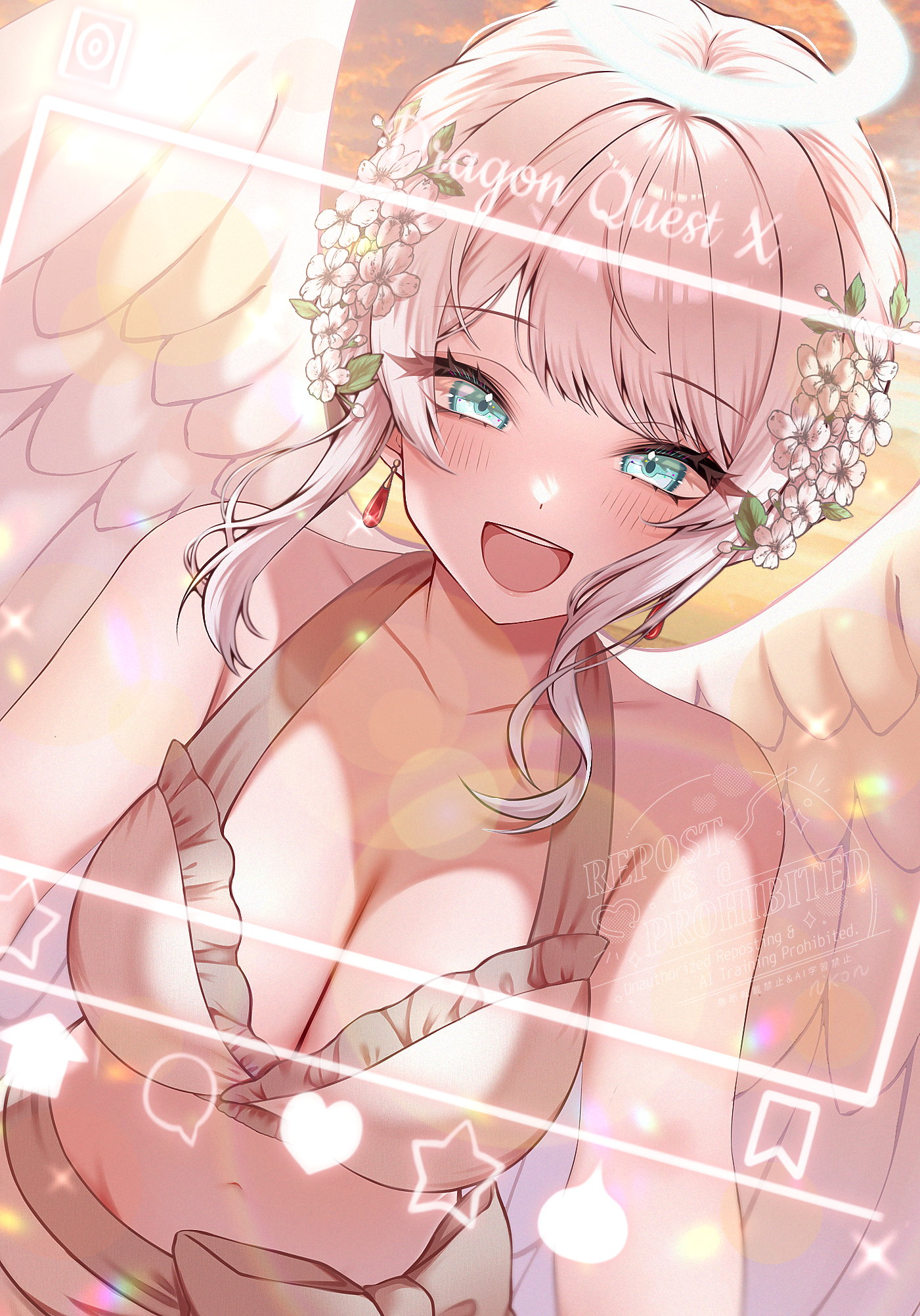 nikon (user aznh7528), slime (dragon quest), dragon quest, dragon quest x, commentary request, highres, 1girl, :d, alternate costume, angel, angel wings, bikini, blue eyes, blue halo, bow, breasts, brown bikini, brown bow, cleavage, copyright name, earrings, feathered wings, flower, frilled bikini, frills, hair flower, hair ornament, halo, heart, jewelry, large breasts, lectalys, looking at viewer, navel, open mouth, orange sky, short hair, sky, smile, solo, star (symbol), swimsuit, teardrop earrings, upper body, white flower, white hair, white wings, wings