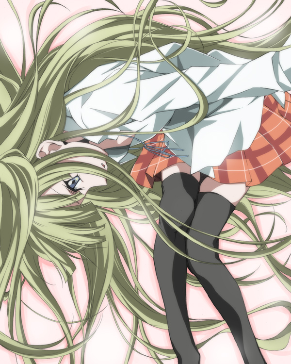 yomi (indigoriver), evangeline a.k. mcdowell, mahou sensei negima!, plaid, 00s, blonde hair, blue eyes, green hair, long hair, school uniform, serafuku, skirt, solo, thighhighs, vampire, very long hair