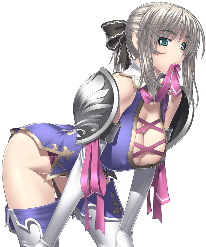 kansuke, cassandra alexandra, soul calibur, soulcalibur, soulcalibur iv, silver hair, 1girl, armor, ass, bent over, blonde hair, blush, bow, breasts, cleavage, elbow gloves, female focus, gloves, green eyes, hair ribbon, huge ass, large breasts, leaning forward, long hair, mouth hold, necktie, pink necktie, ribbon, ribbon in mouth, solo, thighhighs