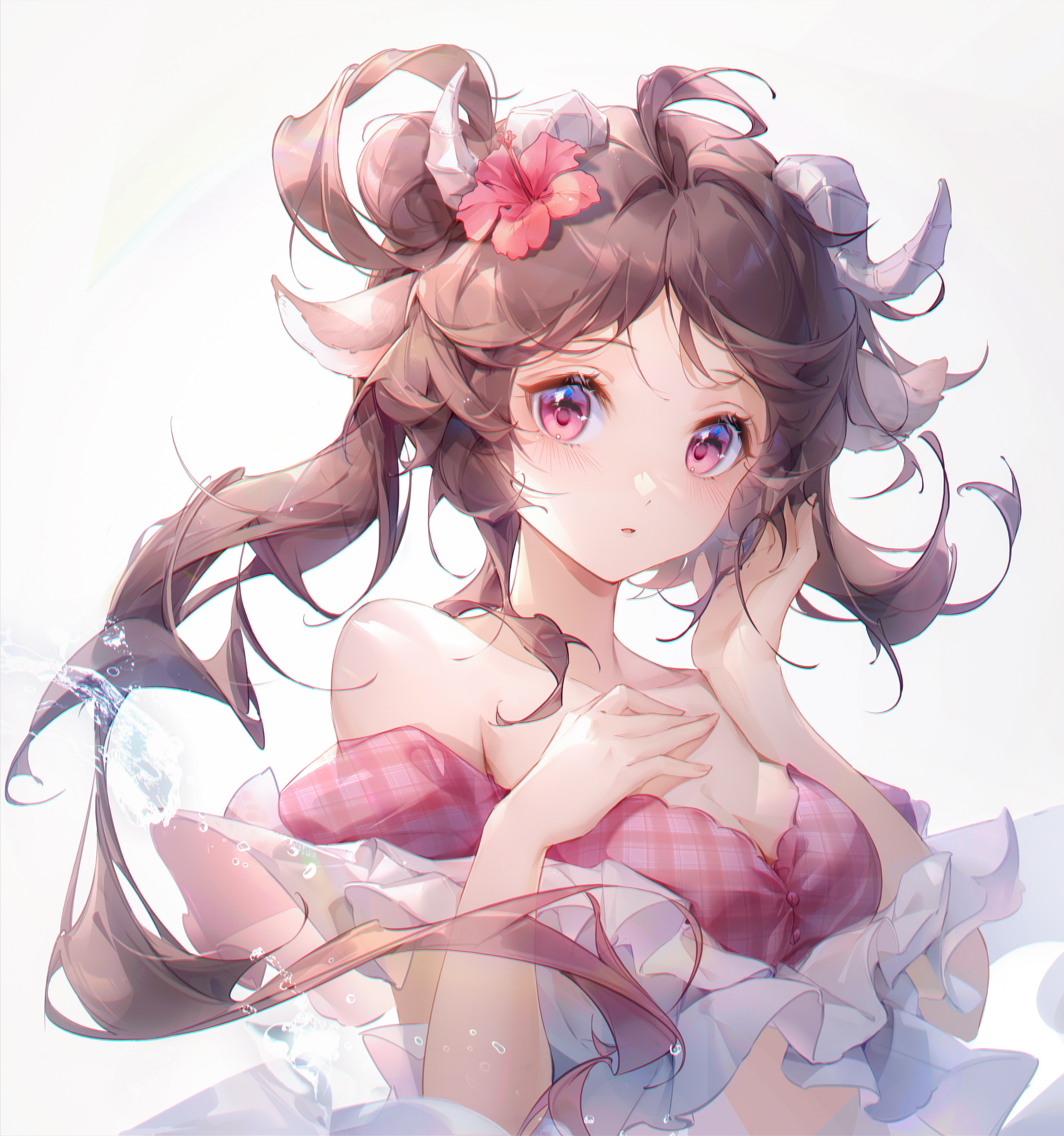 irisrey, eyjafjalla (arknights), eyjafjalla (summer flower) (arknights), arknights, absurdres, chinese commentary, commentary request, highres, 1girl, ahoge, animal ears, bare shoulders, bikini, blush, breasts, brown hair, flower, grey background, hair bun, hair flower, hair ornament, hair rings, hand on own chest, hands up, hibiscus, horns, long hair, looking at viewer, medium breasts, off-shoulder bikini, off shoulder, official alternate costume, parted lips, pink bikini, pink eyes, pink flower, plaid bikini, plaid clothes, sheep ears, sheep girl, sheep horns, simple background, single hair bun, solo, swimsuit, swimsuit cover-up, upper body, water