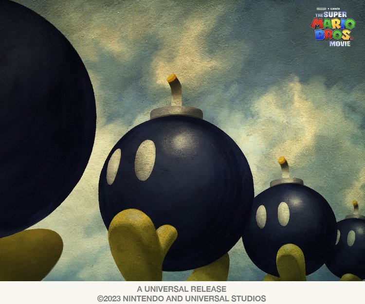 bob-omb, mario (series), nintendo, super mario 64, the super mario bros. movie, derivative work, official art, blue sky, bob-omb battlefield, bomb, cloud, company name, copyright logo, copyright name, copyright notice, explosive, fuse, marching, no humans, philippe tilikete, sky, solid oval eyes