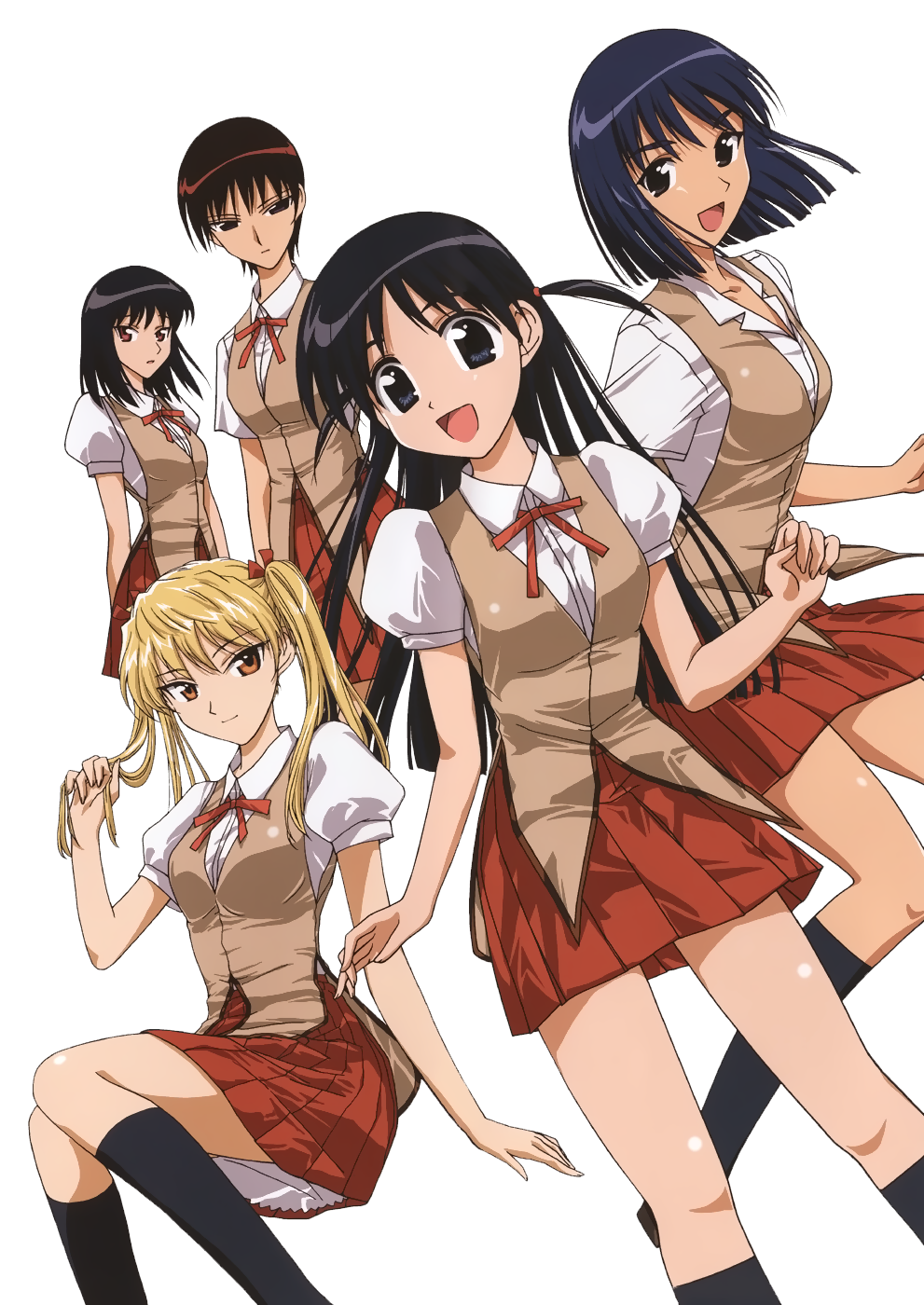 sawachika eri, suou mikoto (school rumble), takano akira, tsukamoto tenma, tsukamoto yakumo, school rumble, highres, 00s, 5girls, black eyes, black hair, blonde hair, long hair, looking at viewer, multiple girls, orange eyes, puffy short sleeves, puffy sleeves, red eyes, school uniform, short hair, short sleeves, smile, transparent background, twintails, two side up