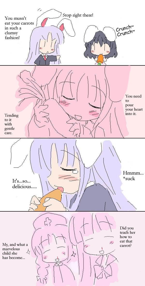 geetsu, houraisan kaguya, inaba tewi, reisen udongein inaba, yagokoro eirin, touhou, hard-translated, jpeg artifacts, third-party edit, translated, animal ears, blood, carrot, comic, female focus, nosebleed, rabbit ears, sexually suggestive