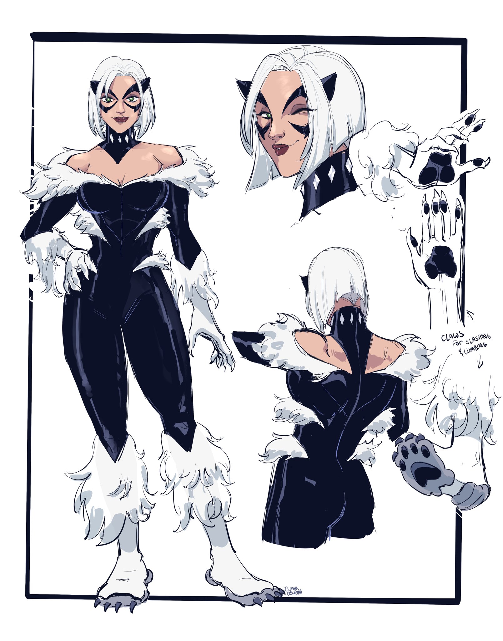 dumbdelvon, black cat (marvel), felicia hardy, marvel, spider-man (series), highres, 1girl, ass, black bodysuit, bodysuit, breasts, choker, cleavage, domino mask, fur trim, gloves, large breasts, looking at viewer, mask, simple background, smile, solo, superhero costume, white hair