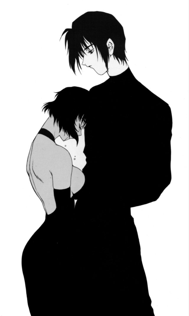 utatane hiroyuki, apep heidemann, farn, seraphic feather, tagme, 1990s (style), 1boy, 1girl, breasts, crying, dress, elbow gloves, evening gown, gloves, looking at another, medium breasts, monochrome, retro artstyle, short hair, sideboob, simple background, tears, white background