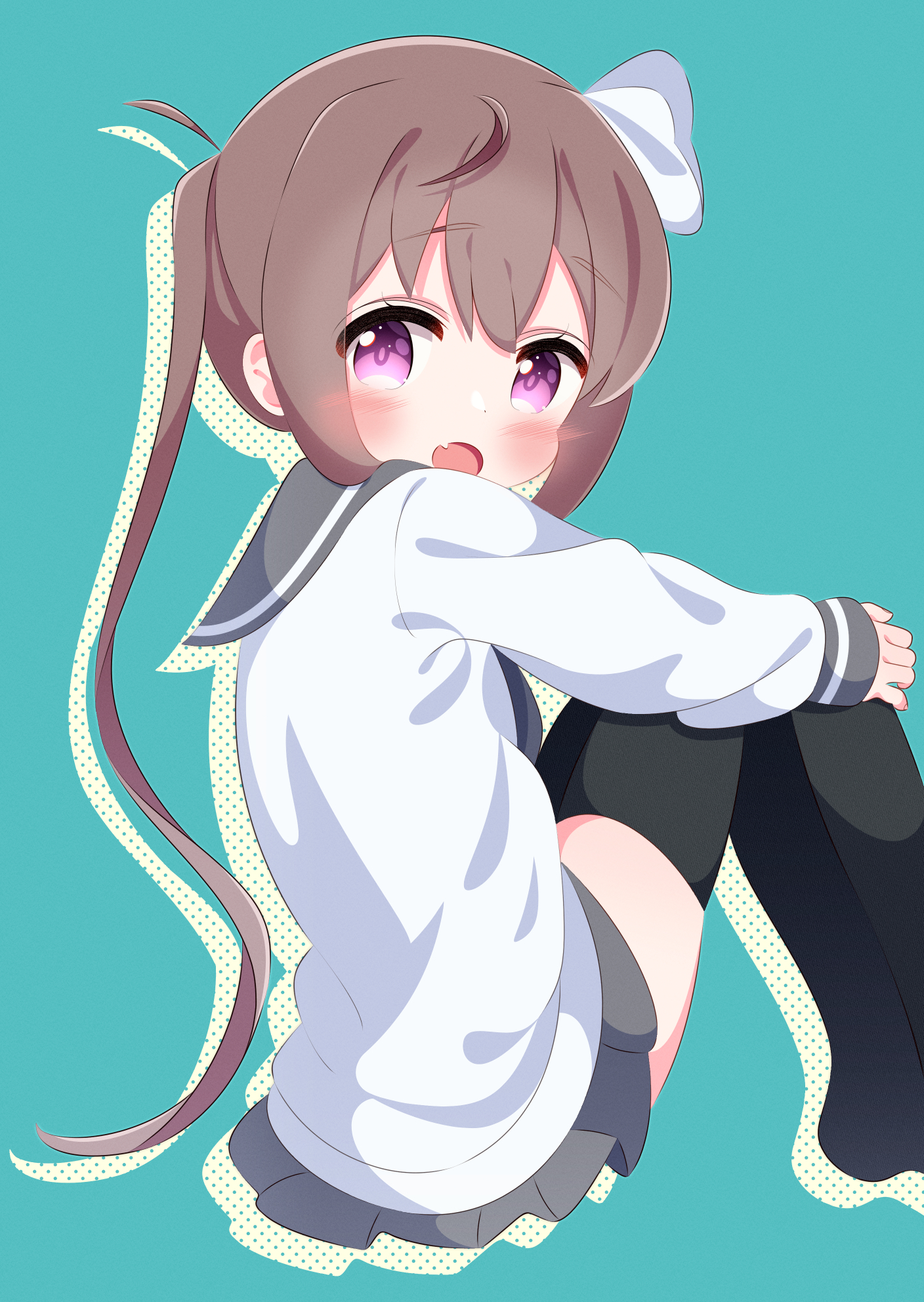 r245, momochi tamate, slow start, 1girl, ahoge, aqua background, black thighhighs, blush, bow, brown hair, fang, grey skirt, hair bow, hands on own knees, long hair, long sleeves, looking at viewer, open mouth, pink eyes, school uniform, shirt, sitting, skirt, sleeves past wrists, thighhighs, twintails, white bow, white shirt