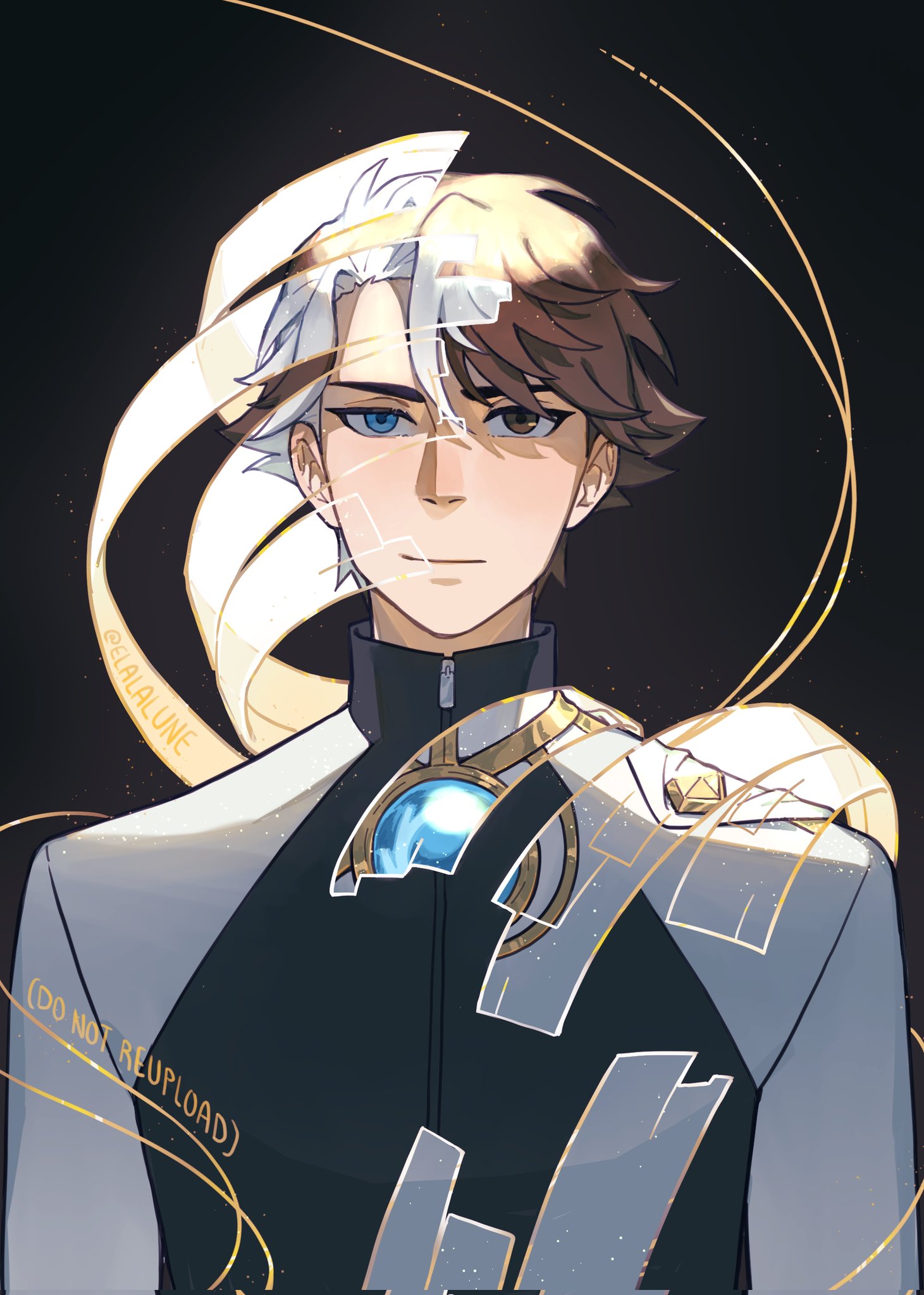 elalalune, lin ling (to be hero x), nice (to be hero x), to be hero, to be hero x, highres, 2boys, :|, blue eyes, bodysuit, brooch, brown eyes, brown hair, closed mouth, dual persona, heterochromia, jewelry, looking at viewer, male focus, multicolored hair, multiple boys, revealing layer, two-tone hair, upper body, white bodysuit, white hair