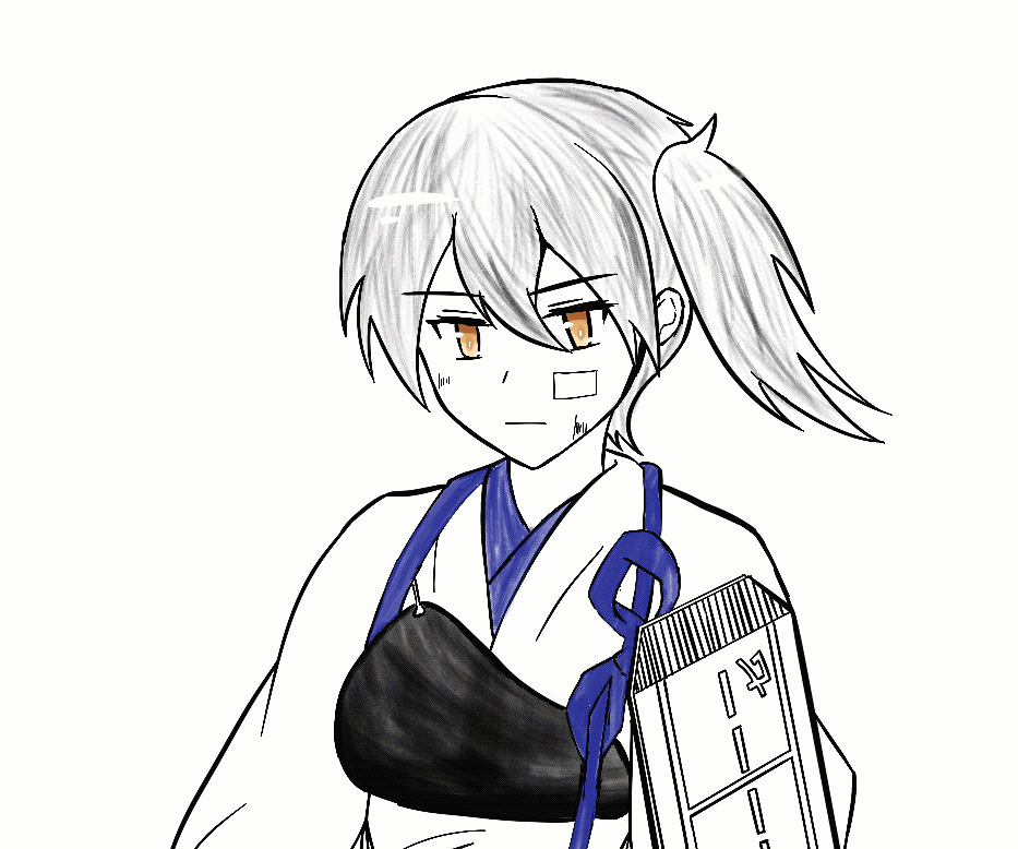 kaga (kancolle), kantai collection, animated, animated gif, chinese commentary, commentary request, unfinished, 1girl, bandaid, bandaid on cheek, bandaid on face, blinking, closed mouth, expressionless, hair between eyes, heihuadeerha, japanese clothes, kimono, looking at viewer, muneate, partially colored, short hair, simple background, solo, upper body, white background, yellow eyes
