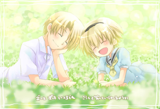 houjou satoko, houjou satoshi, higurashi no naku koro ni, 00s, 1boy, 1girl, :d, ^ ^, blonde hair, blue dress, brother and sister, closed eyes, dress, field, grass, lying, on stomach, open mouth, outdoors, plant, puffy short sleeves, puffy sleeves, shirt, short hair, short sleeves, siblings, smile, white shirt