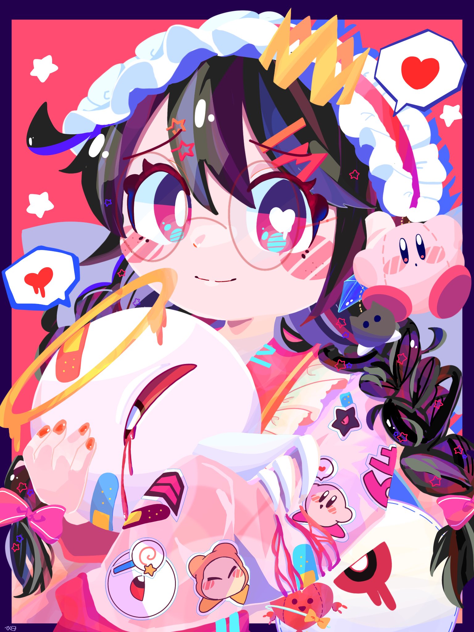 omame sakana, dark nebula, kirby, n-z, ripple star queen, waddle dee, zero (kirby), zero two (kirby), kirby (series), kirby 64, nintendo, highres, 1girl, bandaid, black hair, bow, braid, crown, glasses, hair bow, halo, long hair, looking at viewer, low twin braids, one-eyed, pink background, pink bow, red eyes, ripple star, smile, star (symbol), stuffed toy, twin braids