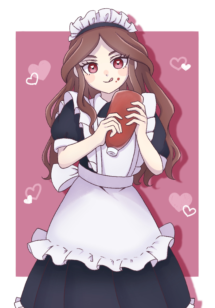 raimon natsumi, inazuma eleven, inazuma eleven (series), commentary, 1girl, apron, ayahtt827, black dress, border, brown hair, dress, heart, heart in eye, ketchup, ketchup bottle, long hair, looking at viewer, maid, maid apron, maid headdress, pink background, red eyes, smile, solo, symbol in eye, tongue, tongue out, white border
