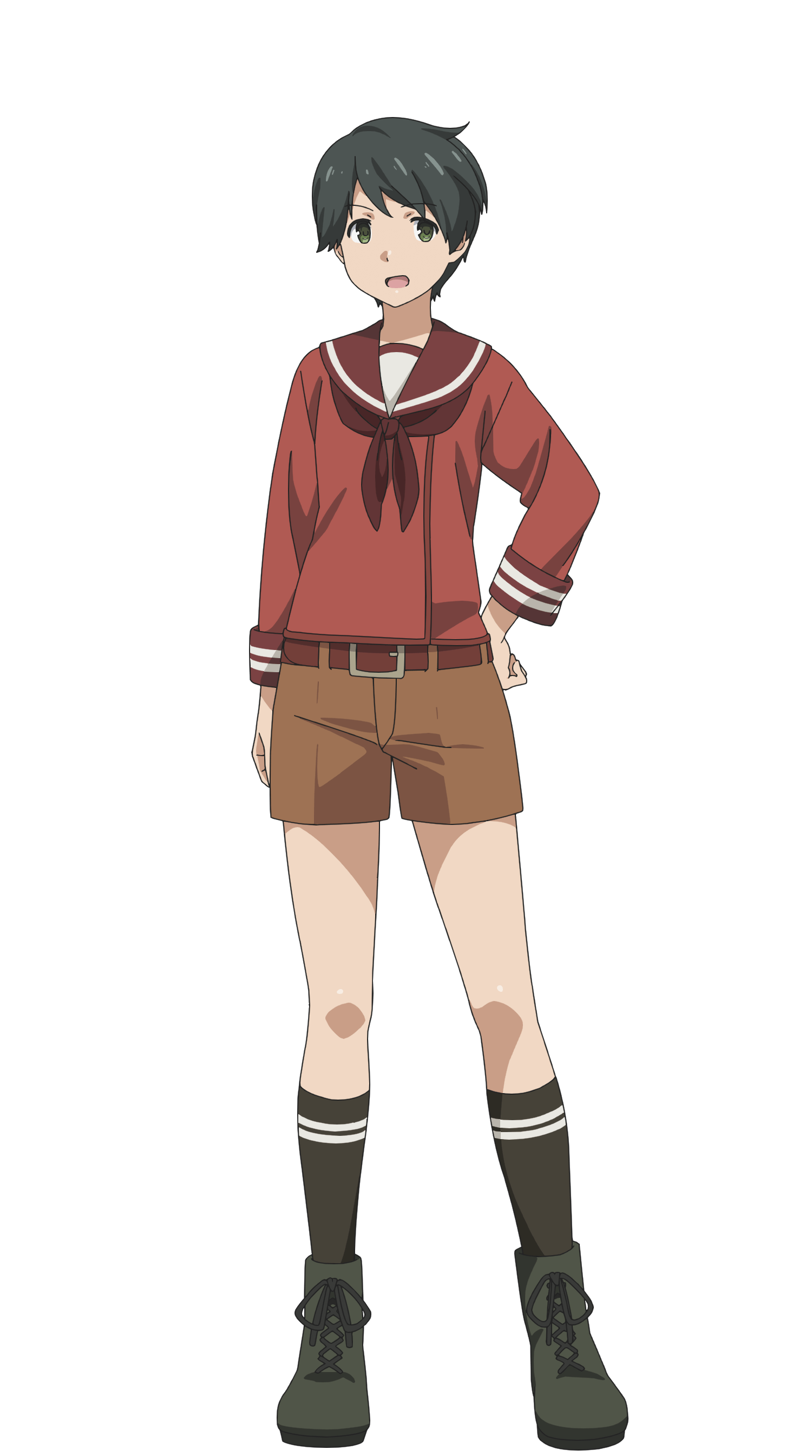 noumi chika, mogami (kancolle), kantai collection, kantai collection (anime), absurdres, highres, official art, 1girl, anime coloring, belt, boots, breasts, brown shorts, full body, green boots, green eyes, green hair, green socks, hand on own hip, long sleeves, looking at viewer, neckerchief, open mouth, red belt, red neckerchief, red serafuku, sailor collar, sailor shirt, school uniform, serafuku, shirt, short hair, shorts, simple background, socks, solo, standing, transparent background