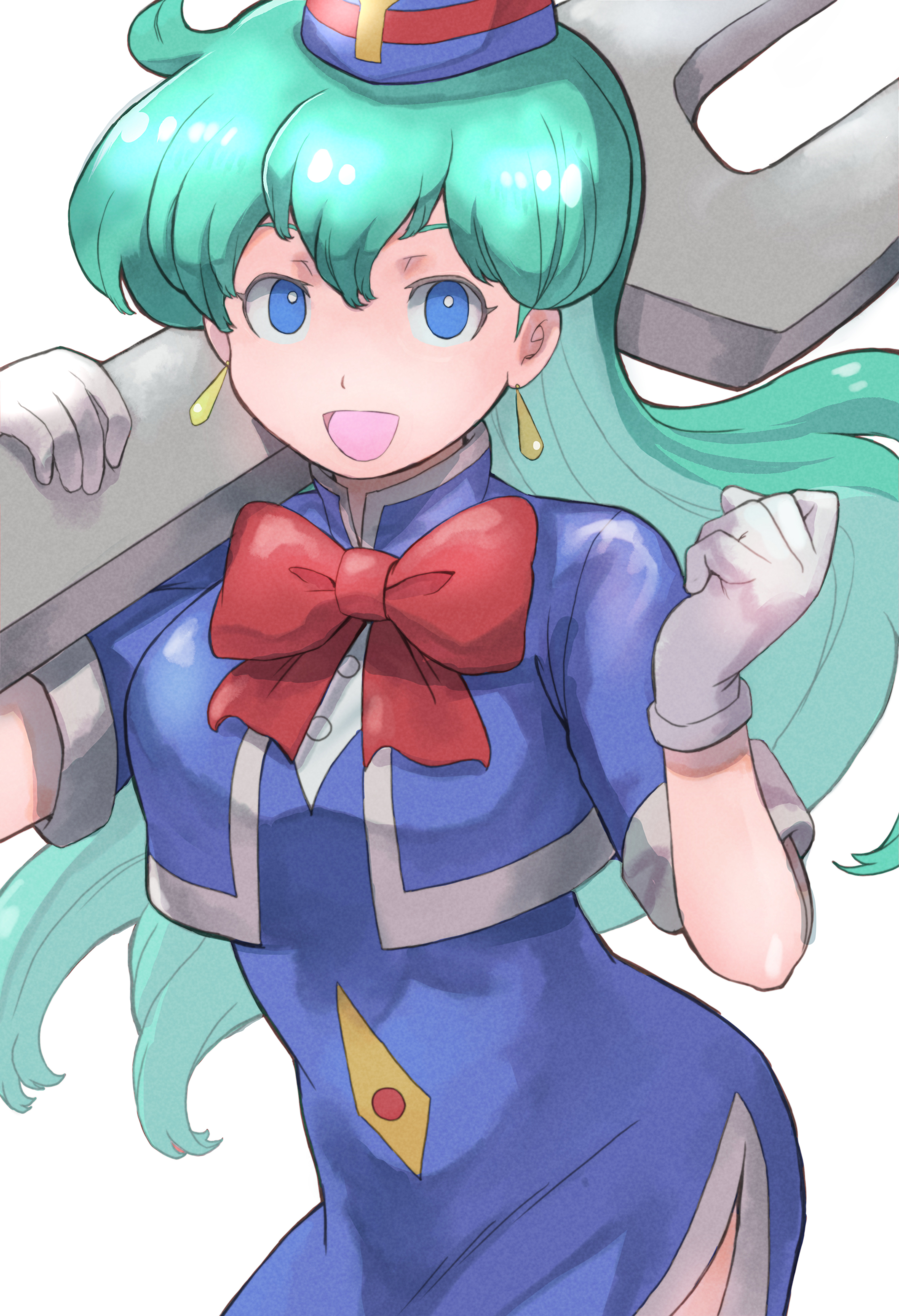 k katora, tenjouin katsura, yat anshin uchuu ryokou, absurdres, highres, 1girl, :d, blue dress, blue eyes, bow, breasts, dress, earrings, gloves, green hair, hand up, hat, jewelry, long hair, medium breasts, open mouth, oversized object, red bow, smile, solo, standing, tool over shoulder, very long hair, white background, white gloves, wrench