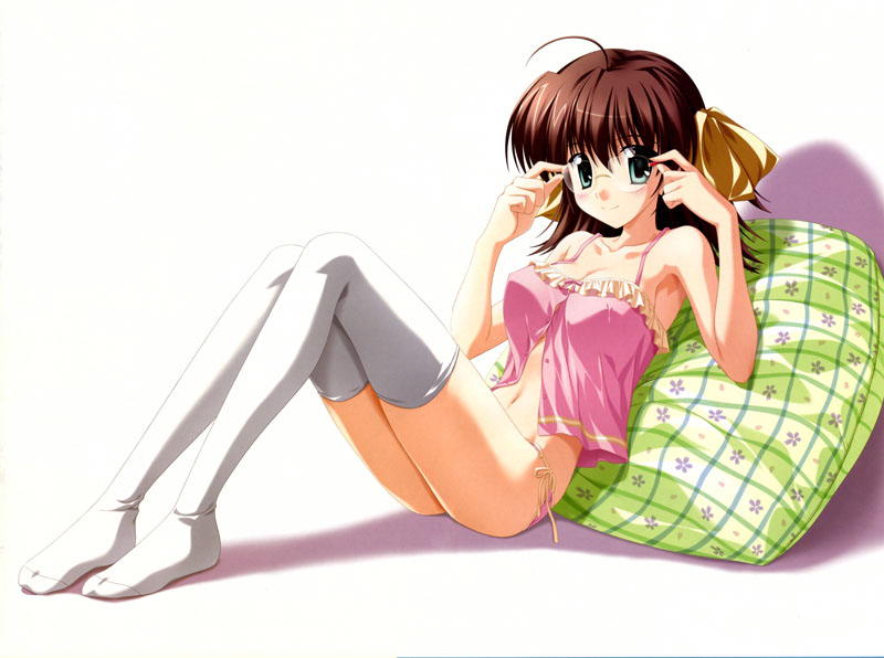 nanao naru, miyamura miyako, ef (visual novel), 00s, 1girl, aqua eyes, armpits, breasts, brown hair, feet, female focus, glasses, large breasts, long hair, open clothes, open shirt, panties, pillow, shirt, side-tie panties, solo, thighhighs, underwear