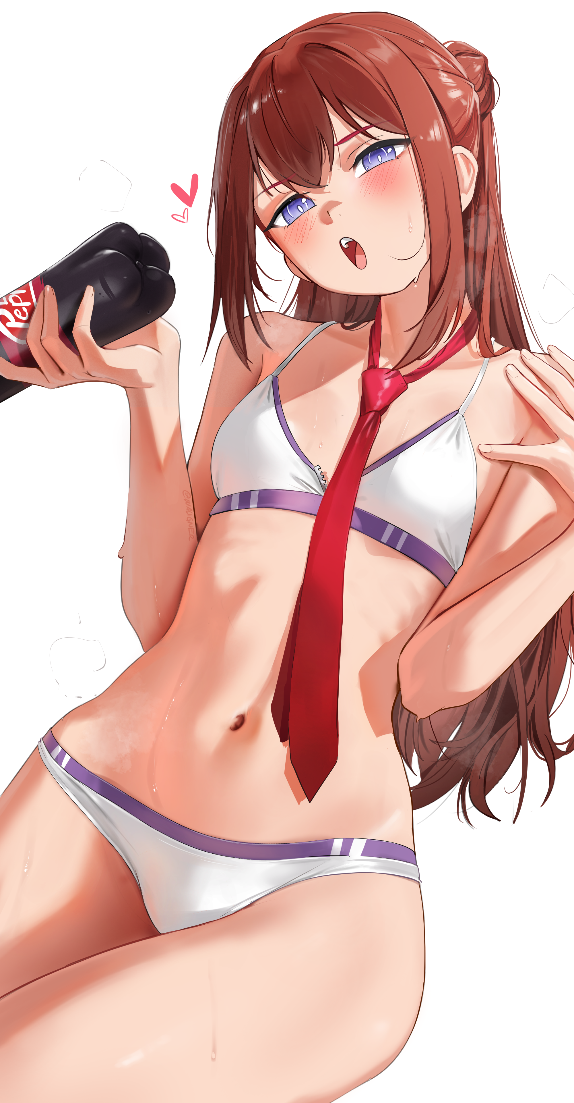 waligner, makise kurisu, dr pepper, science adventure, steins;gate, absurdres, commentary, english commentary, highres, 1girl, bikini, blush, bottle, breasts, brown hair, hands up, heart, holding, holding bottle, long hair, looking at viewer, navel, necktie, open mouth, red necktie, simple background, small breasts, soda bottle, solo, steaming body, sweat, swimsuit, thighs, white background, white bikini