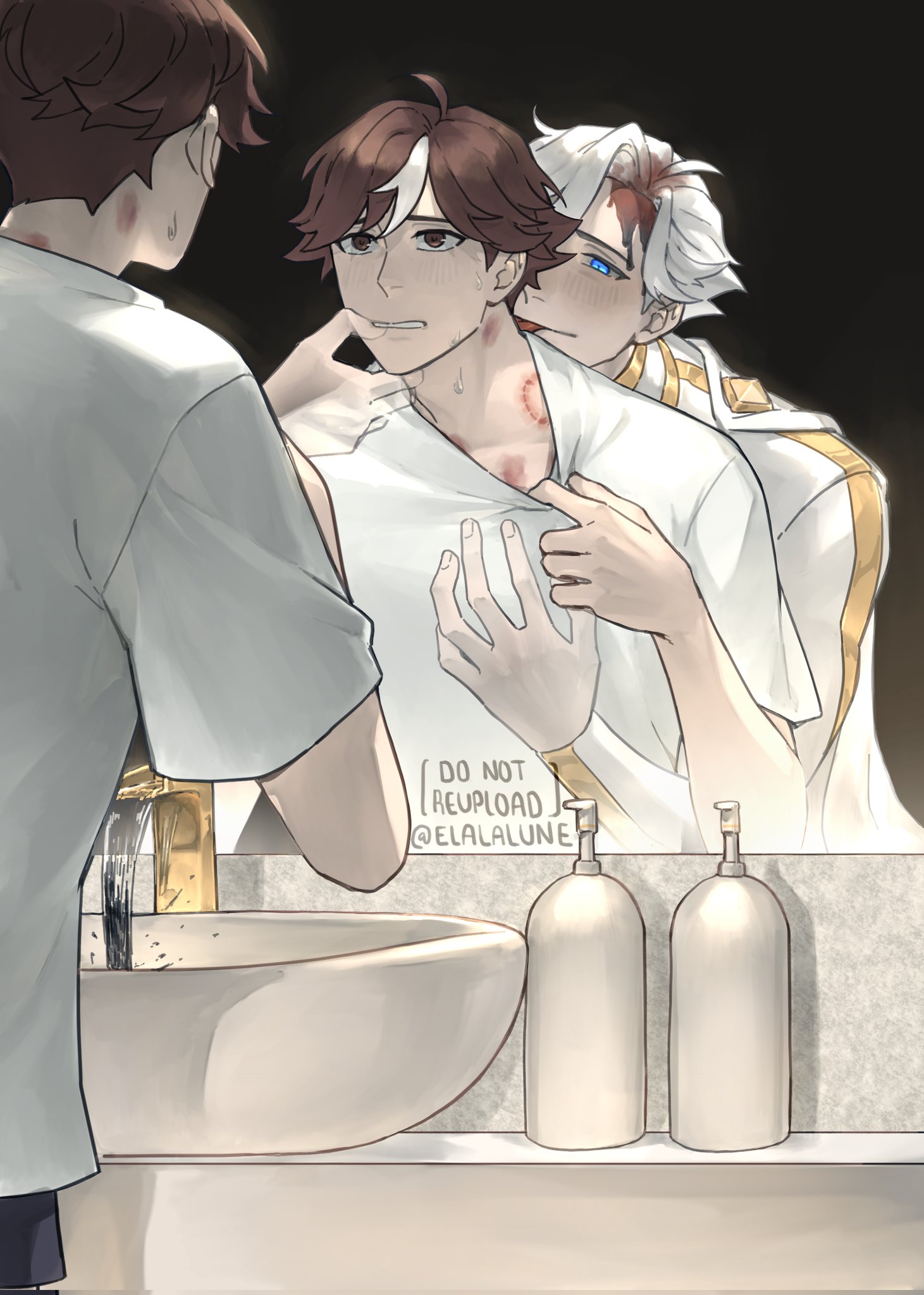 elalalune, lin ling (to be hero x), nice (to be hero x), to be hero, to be hero x, highres, 2boys, bathroom, blue eyes, brown eyes, brown hair, cape, covering another's mouth, faucet, grabbing another's chin, hand on another's chest, hand on another's chin, hand over another's mouth, hickey, hug, hug from behind, indoors, licking, licking another's neck, looking at reflection, messy hair, mirror, multiple boys, reflection, reflection focus, see-through body, shirt, shirt tug, short hair, single hair streak, sink, soap bottle, sweat, water, white cape, white shirt, yaoi