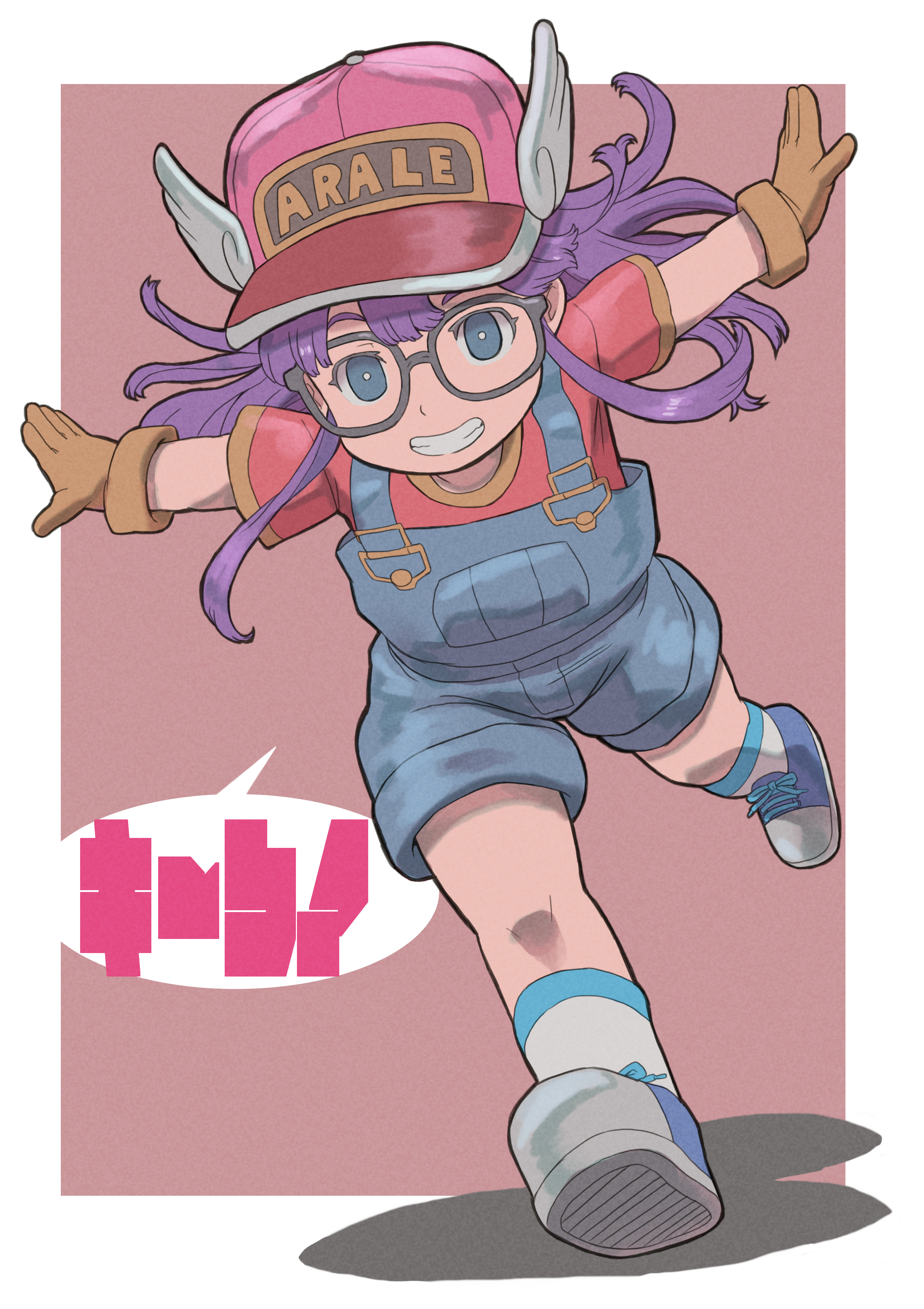 k katora, norimaki arale, dr. slump, absurdres, highres, 1girl, baseball cap, blue eyes, blue shoes, brown gloves, glasses, gloves, hat, long hair, looking at viewer, overalls, pink hat, purple hair, red shirt, running, shirt, shoe soles, shoes, short sleeves, smile, solo, speech bubble, winged hat