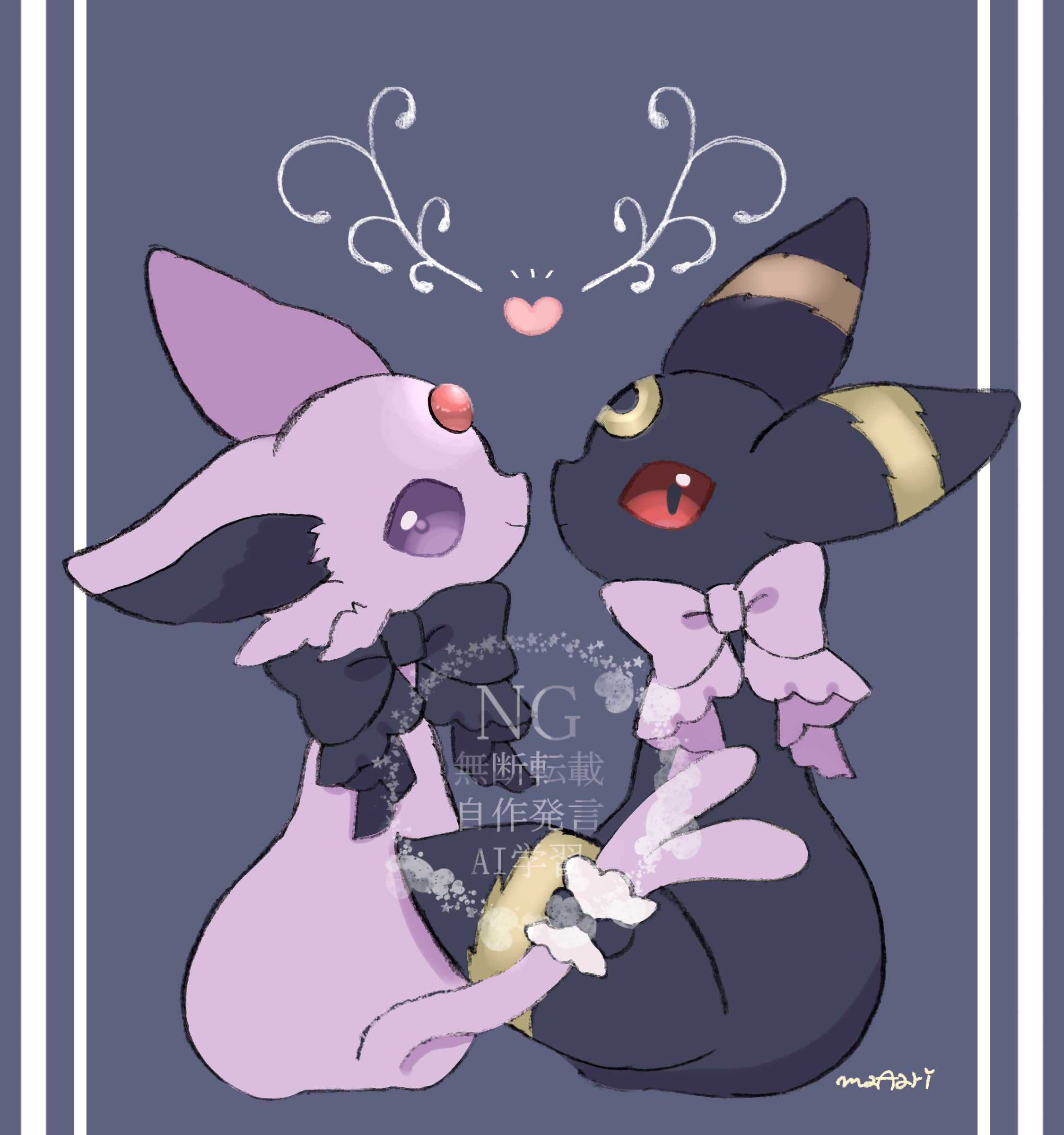 maaari pkmn, espeon, umbreon, nintendo, pokemon, absurdres, commentary request, highres, artist name, black bow, black eyes, bow, closed mouth, colored sclera, gen 2 pokemon, heart, no humans, pokemon (creature), pokemon focus, purple bow, purple eyes, red sclera, smile, tail, tail ornament