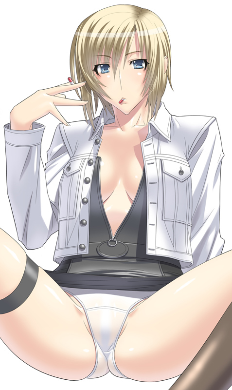 kansuke, aya brea, parasite eve (series), parasite eve ii, 1girl, alternate color, blonde hair, blue eyes, drugs, female focus, mouth hold, open clothes, open shirt, panties, pill, shirt, short hair, solo, spread legs, thigh strap, underwear, unzipped, white panties