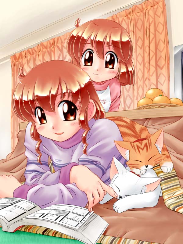 kotetsu, zan, original, 2girls, book, cat, kotatsu, multiple girls, siblings, sisters, sweater, table