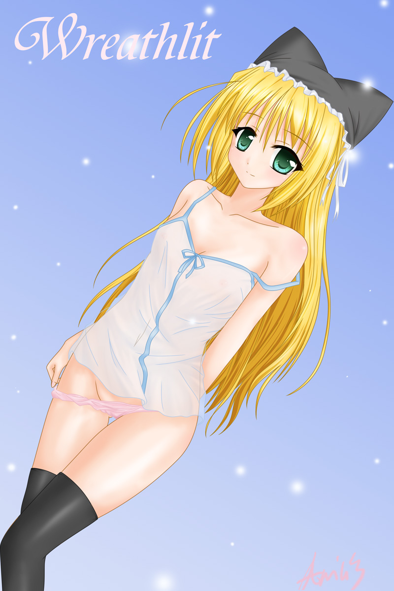 amicis, wreathlit noel, yoake mae yori ruri iro na, highres, 1girl, blonde hair, breasts, camisole, dutch angle, female focus, green eyes, hat, hat with ears, long hair, nipples, panties, panty pull, pink panties, see-through clothes, small breasts, solo, strap slip, thighhighs, underwear