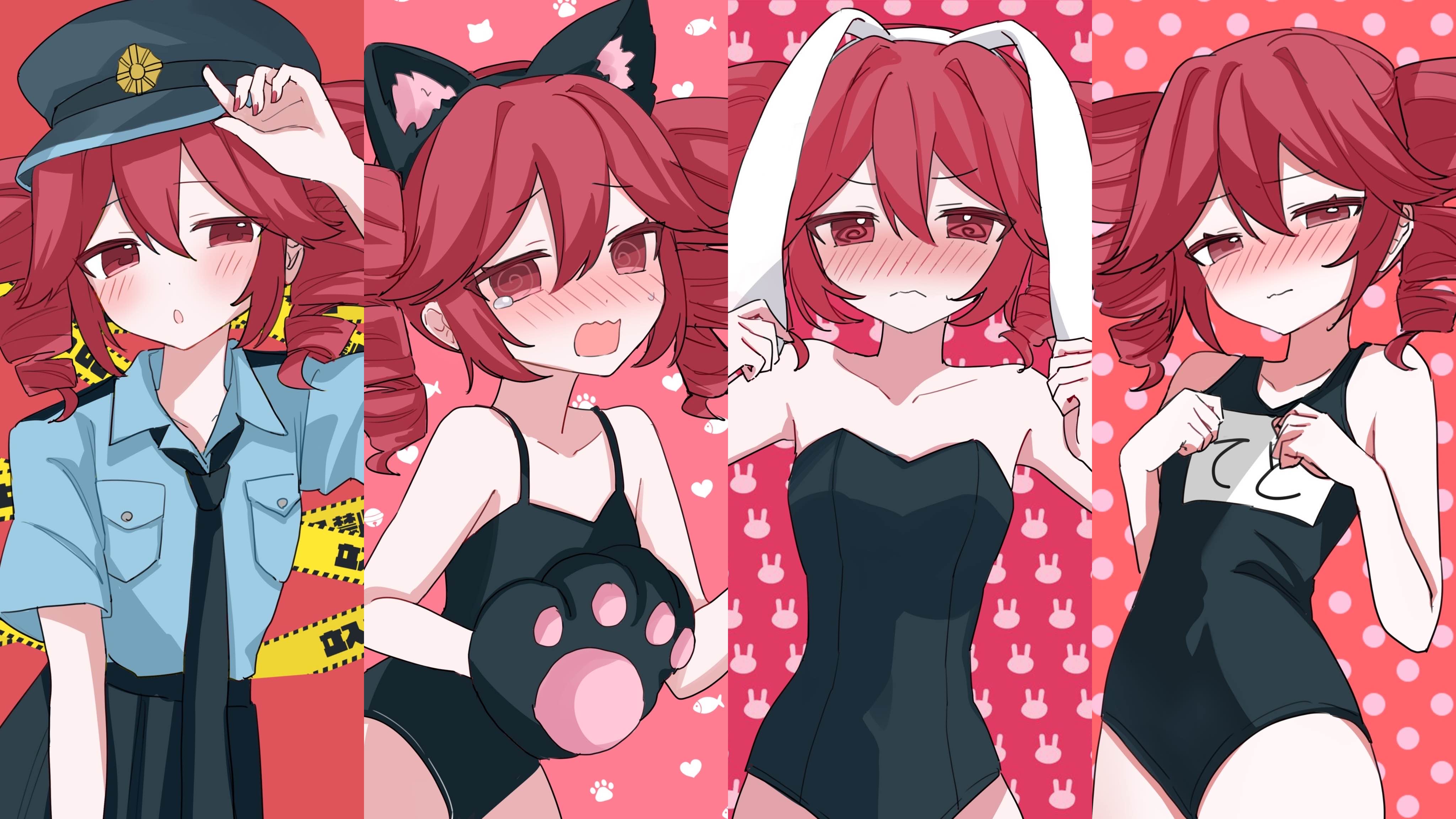 yukia 1128, kasane teto, vocaloid, absurdres, highres, 1girl, :o, :s, @ @, animal ears, animal hands, arm up, black leotard, black necktie, black one-piece swimsuit, black skirt, blush, breast pocket, cat ears, caution tape, clenched hands, collarbone, collared shirt, drill hair, embarrassed, fish, furrowed brow, gloves, half-closed eyes, hands up, hat, headband, holding, holding ears, leaning back, leaning forward, leotard, looking at viewer, looking to the side, multiple views, nail polish, name tag, necktie, one-piece swimsuit, open mouth, parted bangs, paw gloves, paw print, pink background, playboy bunny, pleated skirt, pocket, police, police hat, police uniform, policewoman, polka dot, polka dot background, rabbit background, rabbit ears, red background, red eyes, red hair, school swimsuit, shirt, short sleeves, shoulder boards, sidelocks, simple background, skirt, swimsuit, teardrop, tearing up, twin drills