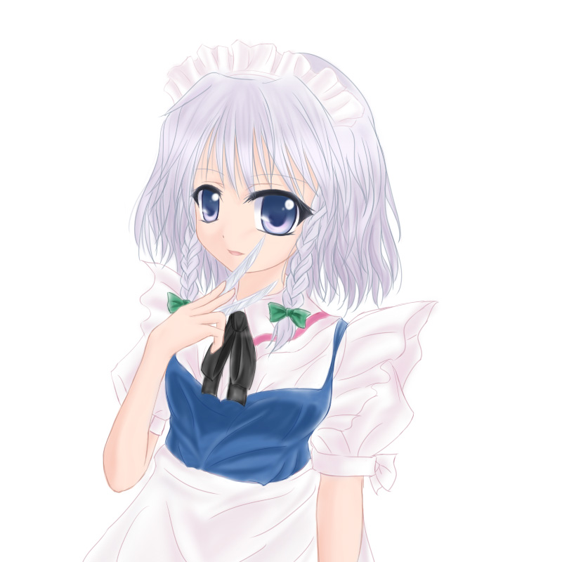 amicis, izayoi sakuya, touhou, silver hair, 1girl, braid, female focus, short hair, solo, twin braids