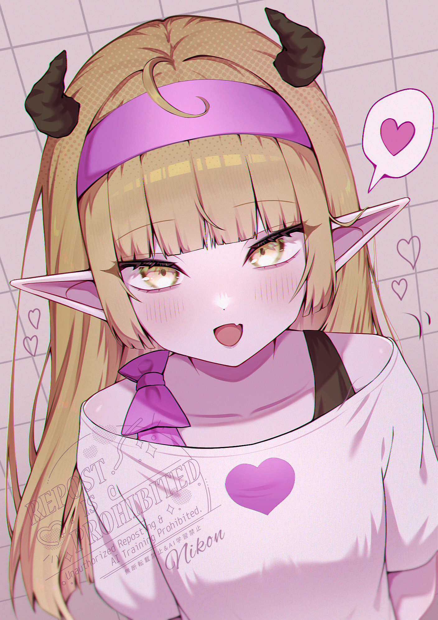 nikon (user aznh7528), dragon quest, dragon quest x, commentary request, highres, partial commentary, 1girl, :d, alternate costume, bikini, black bikini, black horns, blonde hair, blunt bangs, blurry, bow, breasts, chromatic aberration, collarbone, colored skin, demon girl, depth of field, fang, grid background, hairband, heart, horns, long hair, looking at viewer, multicolored bikini, open mouth, pointy ears, purple bikini, purple bow, purple hairband, purple skin, rinverry, shirt, skin fang, small breasts, smile, solo, speech bubble, spoken heart, swimsuit, swimsuit under clothes, two-tone bikini, upper body, white shirt, yellow eyes