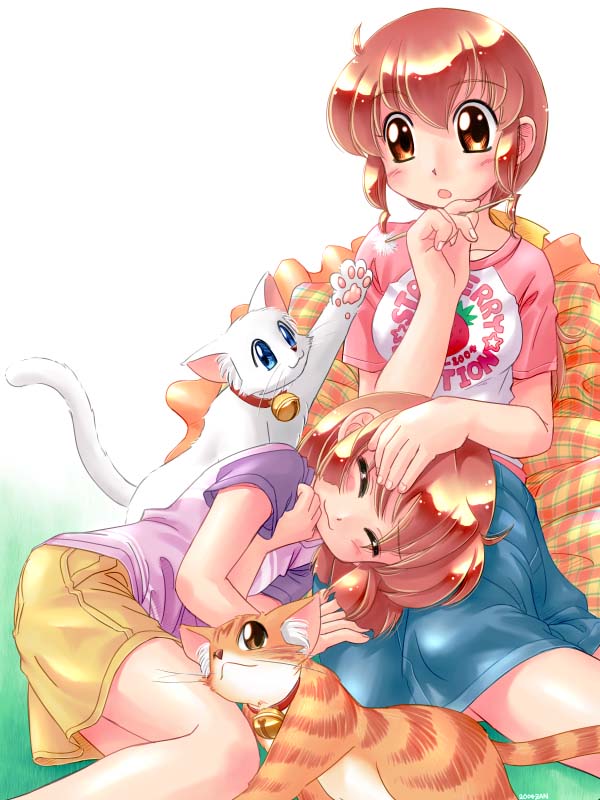 zan, original, 2girls, cat, earpick, mimikaki, multiple girls, siblings, sisters