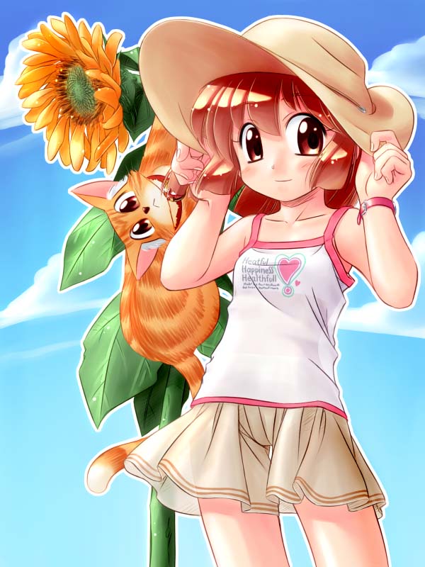 zan, original, 1girl, bed, camisole, cat, cloud, cowboy hat, cowboy shot, cowboy western, day, female focus, flower, hat, pillow, short hair, skirt, sky, sleepy, solo, sunflower, ten gallon hat, wristband