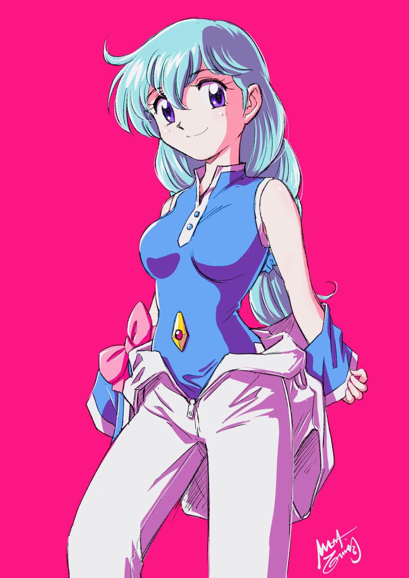nishikawa shinji, tenjouin katsura, yat anshin uchuu ryokou, 1girl, blue dress, blue hair, bow, braid, breasts, closed mouth, clothes down, cowboy shot, dress, hair between eyes, impossible clothes, impossible dress, jewelry, jumpsuit, long hair, low-tied long hair, medium breasts, open jumpsuit, pink background, pink bow, purple eyes, signature, simple background, single braid, sleeveless, sleeveless dress, smile, solo, standing, undressing, unzipped, white jumpsuit, white trim