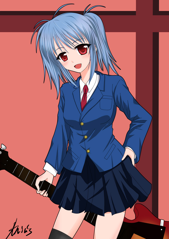 amicis, original, tagme, blue hair, guitar, instrument, red eyes, solo, thighhighs
