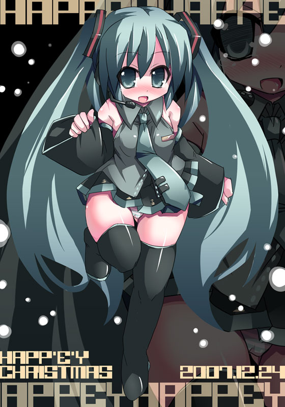 rakuma kanori, hatsune miku, vocaloid, boots, detached sleeves, green eyes, green hair, hip focus, long hair, long sleeves, microphone, miniskirt, necktie, panties, pantyshot, skirt, solo, tears, thick thighs, thighhighs, thighs, twintails, underwear, very long hair, wide hips