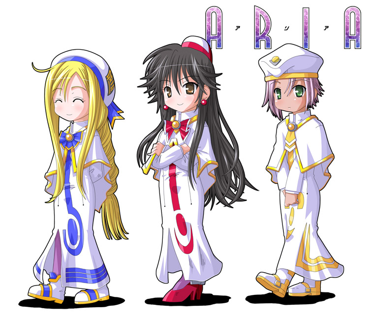 yone, akira ferrari, alicia florence, athena glory, aria (manga), light purple hair, purple legwear, 00s, 3girls, ahoge, beret, black hair, blonde hair, braid, dress, earrings, green eyes, hat, high collar, jewelry, long hair, looking at viewer, multiple girls, pantyhose, pink hair, shoes, short hair, side slit, sidelocks, simple background, very long hair, white background, white dress