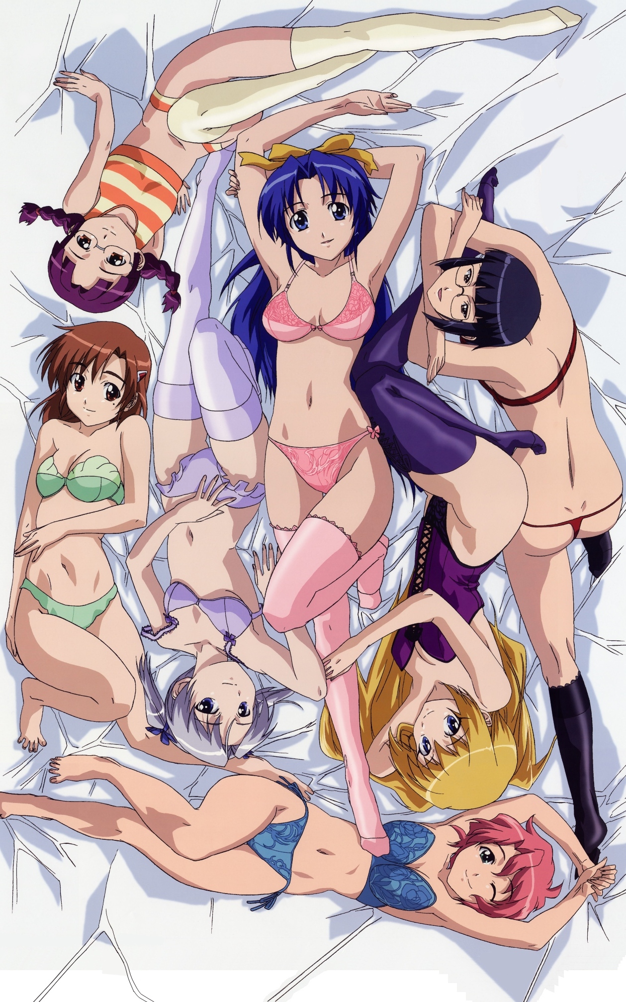 emelenzia beatrix rudiger, fujita mitsuki, hase anna, kirishima yoko, kirishima youko, maruyama yuka, maruyama yuuka, sudo shione, sudou shione, takasu ayako, yoshimura itsumi, mamoru-kun ni megami no shukufuku wo!, blue legwear, lace-trimmed legwear, pink legwear, purple legwear, silver hair, yellow legwear, highres, official art, scan, 6+girls, :d, ;), age difference, armpits, arms up, ass, back, barefoot, bed, bed sheet, black socks, blonde hair, blue bra, blue eyes, blue hair, blue panties, blunt bangs, bow, bow bra, bow panties, bra, braid, breasts, brown eyes, brown hair, cleavage, clenched hand, closed mouth, corset, cross-laced clothes, crossed arms, dimples of venus, emelenzia, everyone, feet, flat chest, frilled panties, frills, from above, from behind, glasses, green bra, green eyes, green panties, groin, hair bow, hair ornament, hair ribbon, hairclip, hand on own stomach, highleg, highleg leotard, highleg panties, holding own arm, indoors, kneehighs, kneepits, lace, lace-trimmed bra, lace-trimmed panties, lace-trimmed thighhighs, lace trim, leg grab, leotard, light smile, lingerie, long hair, looking at viewer, lying, midriff, mole, mole under eye, multiple girls, navel, on bed, on stomach, one eye closed, open mouth, orange bra, orange panties, panties, pink bra, pink hair, pink panties, pinky out, purple bra, purple hair, purple panties, reclining, red bra, red eyes, red panties, ribbon, scrunchie, short hair, short twintails, side-tie panties, small breasts, smile, socks, sports bra, strap slip, strapless, strapless bra, stretching, striped bra, striped clothes, striped panties, striped sports bra, tank top, thigh gap, thighhighs, thong, twin braids, twintails, underwear, underwear only, very long hair, wavy hair, wink, yellow bra, yellow panties