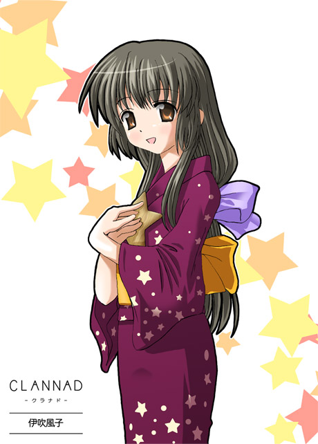 yone, ibuki fuuko, clannad, 00s, 1girl, character name, copyright name, female focus, japanese clothes, kimono, long hair, low-tied long hair, solo, starfish