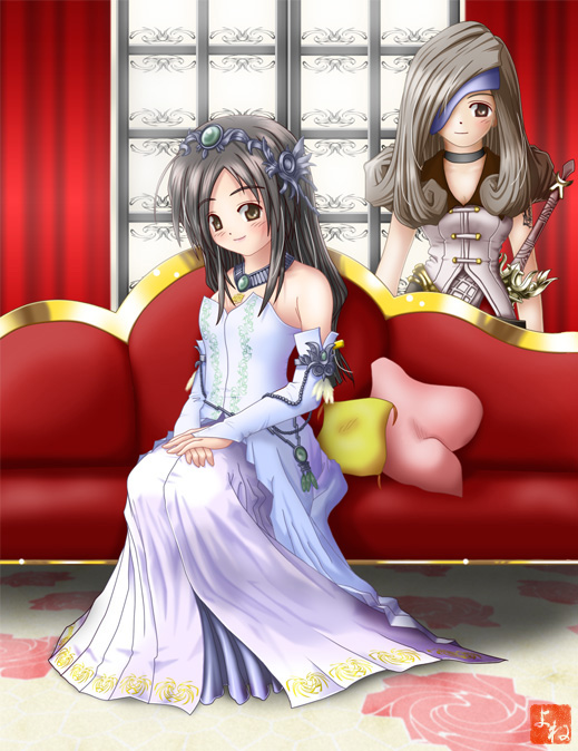 yone, beatrix, garnet til alexandros xvii, final fantasy, final fantasy ix, 00s, 2girls, blush, brown eyes, brown hair, couch, crown, dress, eyepatch, hat, jewelry, long dress, multiple girls, necklace, red upholstery, sitting, smile, sword, weapon