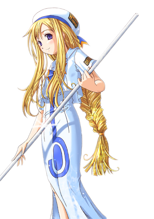 yone, alicia florence, aria (manga), 00s, 1girl, beret, blonde hair, blouse, braid, dress, emblem, female focus, hat, holding, holding weapon, long hair, looking at viewer, oar, purple eyes, rod, shirt, side slit, sidelocks, simple background, solo, staff, standing, very long hair, weapon, white background, white dress, white shirt