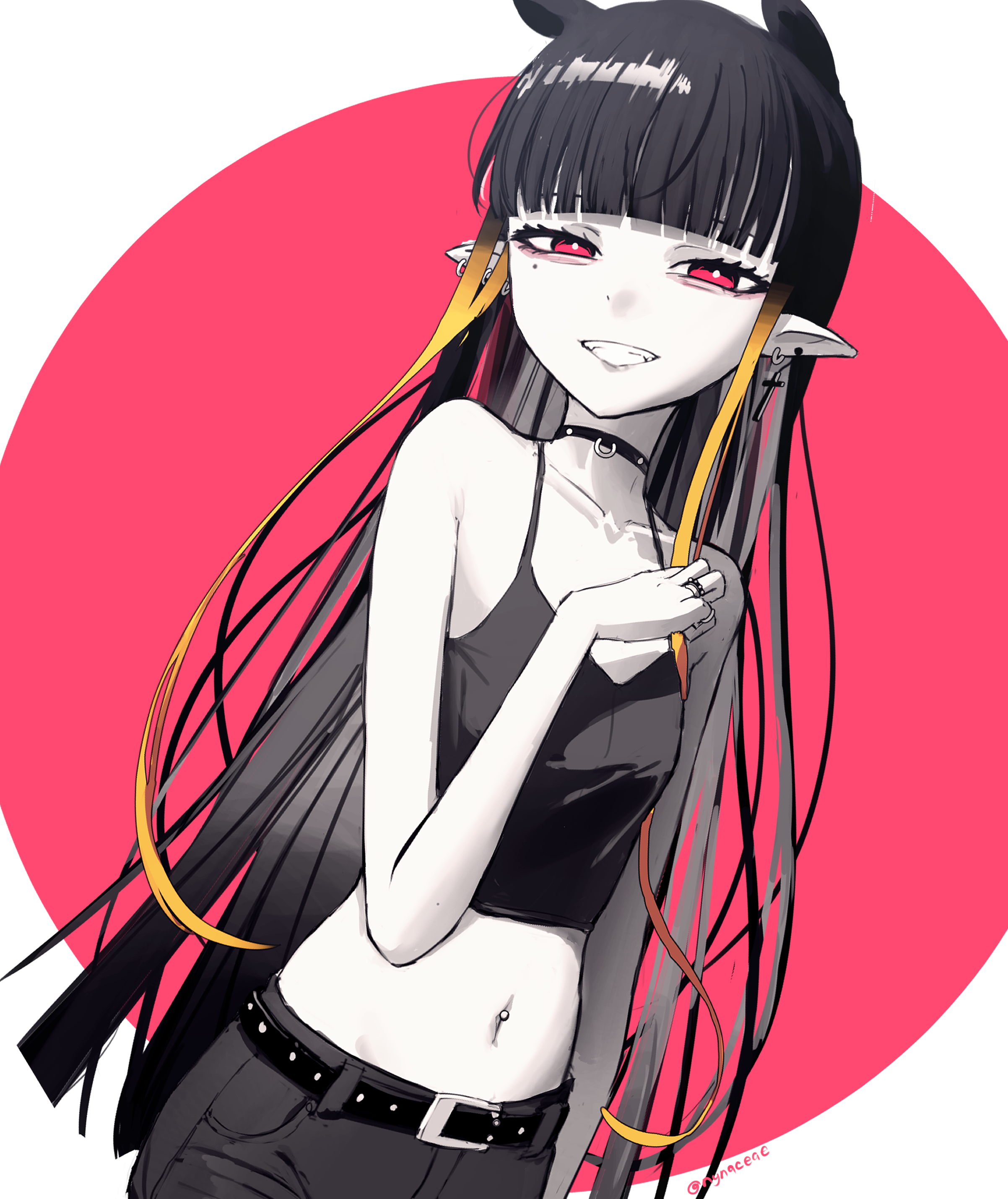 nynaceae, ninomae ina'nis, hololive, hololive english, absurdres, highres, 1girl, alternate costume, belt, black hair, breasts, camisole, crop top, cross, cross earrings, earrings, gradient hair, grin, jewelry, multicolored hair, navel, navel piercing, orange hair, pants, piercing, pink eyes, pointy ears, small breasts, smile, solo, teeth, tentacle hair, virtual youtuber