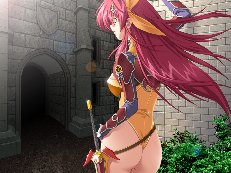 kazuma muramasa, raidy, ikazuchi no senshi raidy, thunder warrior raidy remake, game cg, 1girl, against wall, arm up, armor, ass, belt, breasts, castle, circlet, covered erect nipples, elbow gloves, female focus, fingerless gloves, from behind, frown, gloves, hair ribbon, hand on own hip, highleg, highleg leotard, lens flare, leotard, long hair, medium breasts, pink hair, red hair, ribbon, solo, standing, sword, thong leotard, very long hair, weapon, wind