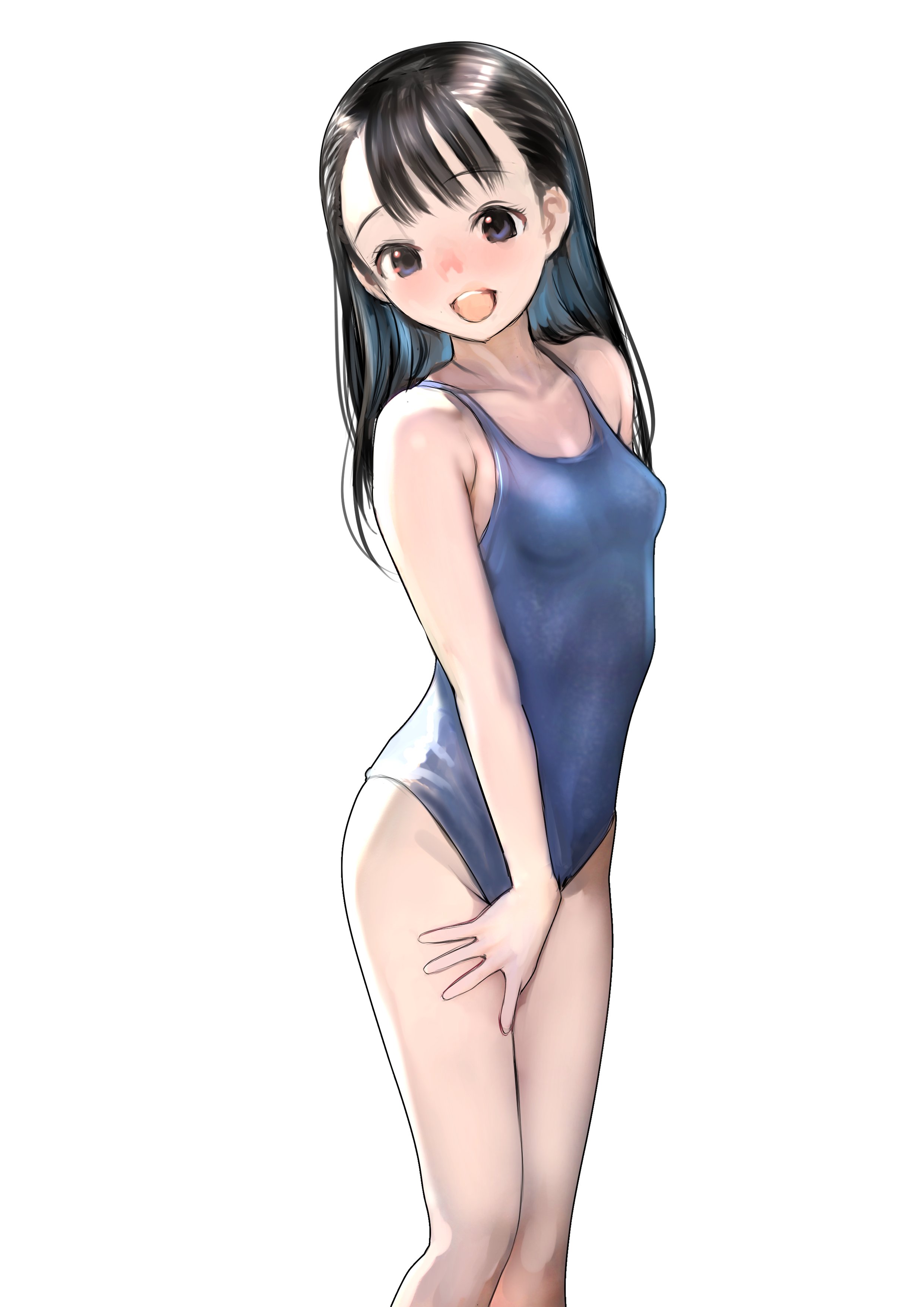 emutsuichi, original, absurdres, highres, 1girl, bare shoulders, black hair, blue eyes, blue one-piece swimsuit, blush, breasts, collarbone, hair between eyes, long hair, looking at viewer, one-piece swimsuit, open mouth, simple background, small breasts, smile, solo, swimsuit, thighs, white background