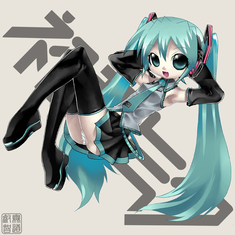 mudou eichi, hatsune miku, vocaloid, armpits, green hair, long hair, miniskirt, necktie, panties, skirt, solo, thighhighs, twintails, underwear, very long hair