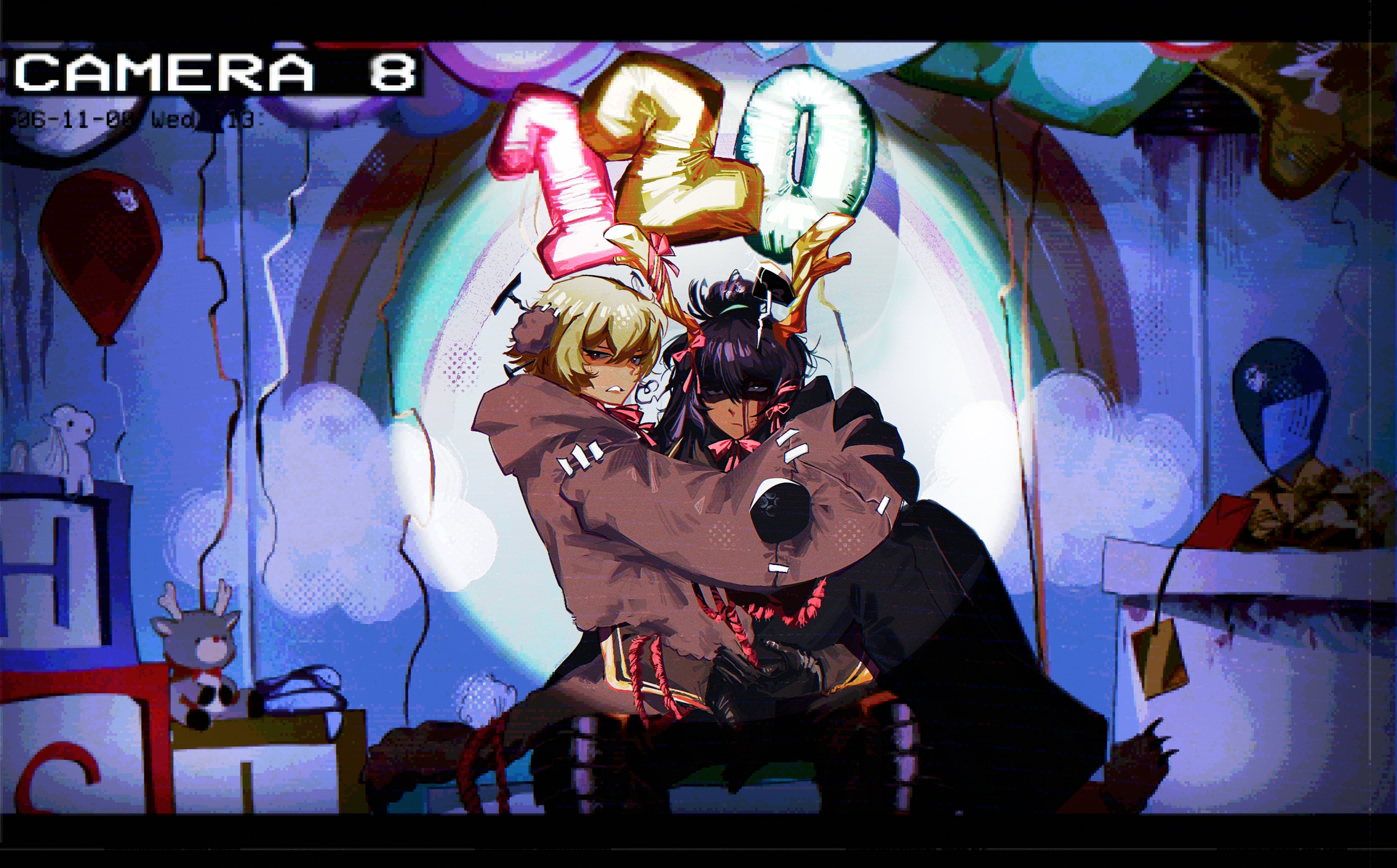 lycanthix, hong lu (project moon), sinclair (project moon), limbus company, project moon, absurdres, highres, 2boys, antlers, armor, black armor, black border, black eyes, black hair, black pants, blonde hair, blood, blood on face, blue eyes, border, bow, claws, e.g.o (project moon), full body, heterochromia, hex nail (e.g.o), high ponytail, horns, indoors, long hair, long sleeves, looking at viewer, male focus, multiple boys, nail (hardware), number balloon, pants, paw sleeves, pink bow, ponytail, r corp. (identity) (project moon), red yarn, short hair, sitting, sitting on person, stitches, stuffed animal, stuffed toy, stuffing, toy block, yellow eyes