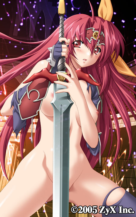 kazuma muramasa, raidy, ikazuchi no senshi raidy, thunder warrior raidy remake, official art, 00s, 1girl, 2005, :o, ahoge, armor, blue thighhighs, blush, breasts, censored, circlet, convenient censoring, elbow gloves, embarrassed, female focus, fingerless gloves, gloves, groin, hair ribbon, long hair, nipples, nude, open mouth, pink hair, red eyes, red hair, ribbon, single glove, single thighhigh, solo, sword, thighhighs, torn clothes, torn thighhighs, very long hair, weapon